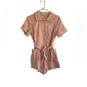 NWOT Du Paradis Romper Women's Size S pink peach belted short sleeve